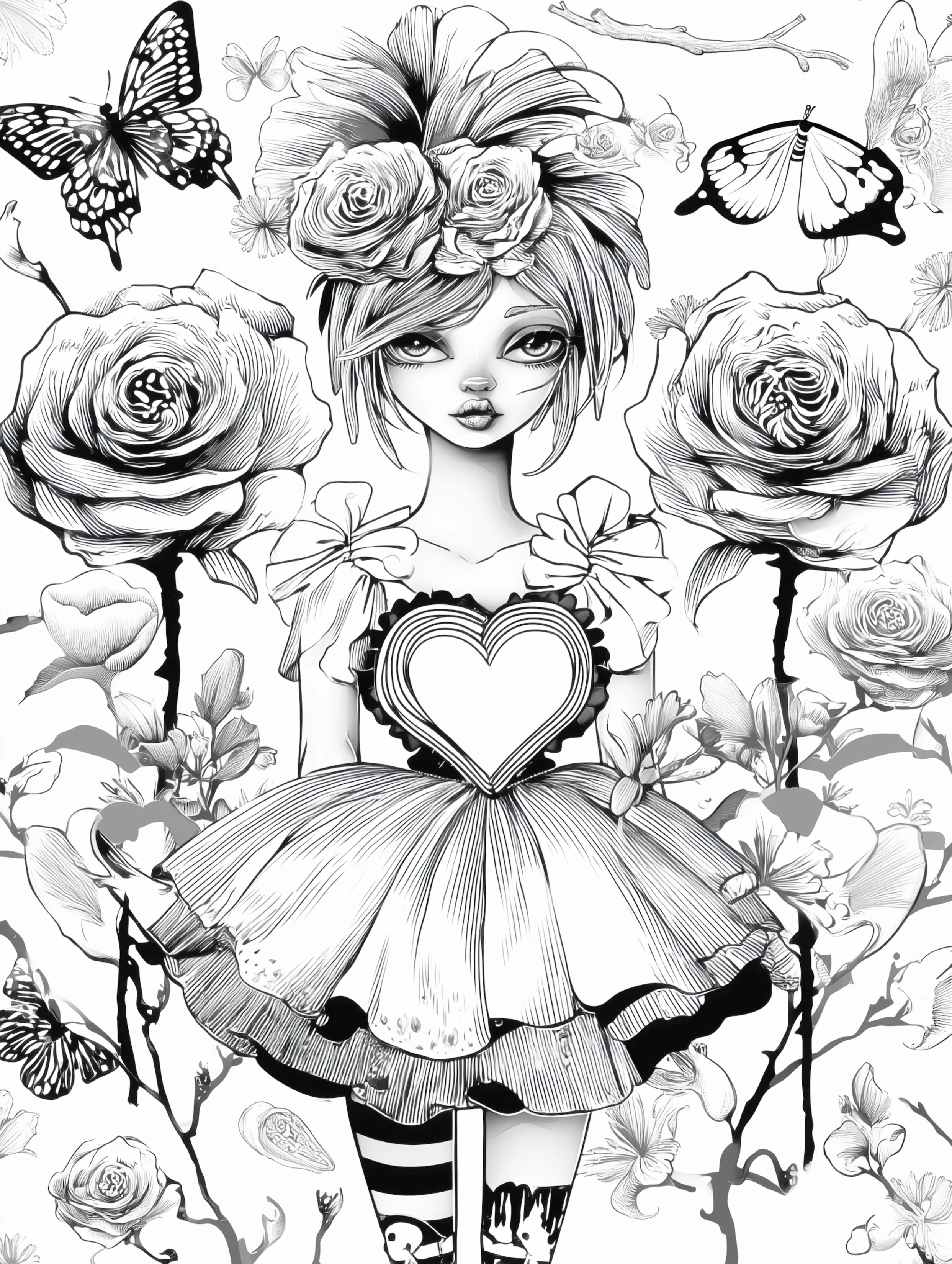 Free printable beautiful fairy coloring page featuring two big roses fairy girl